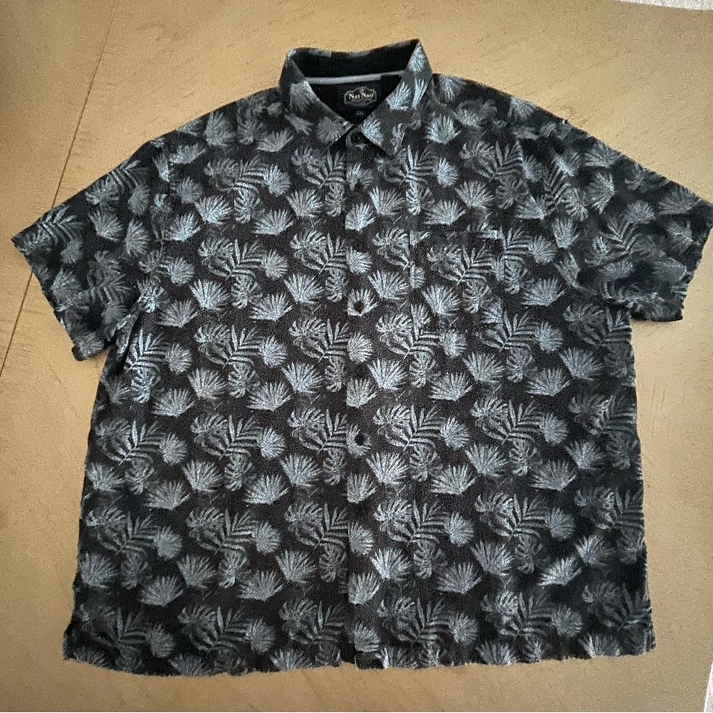 Nat Nast Luxury Silk Blend Camp Shirt XXL Black Blue Monochrome Palm Print